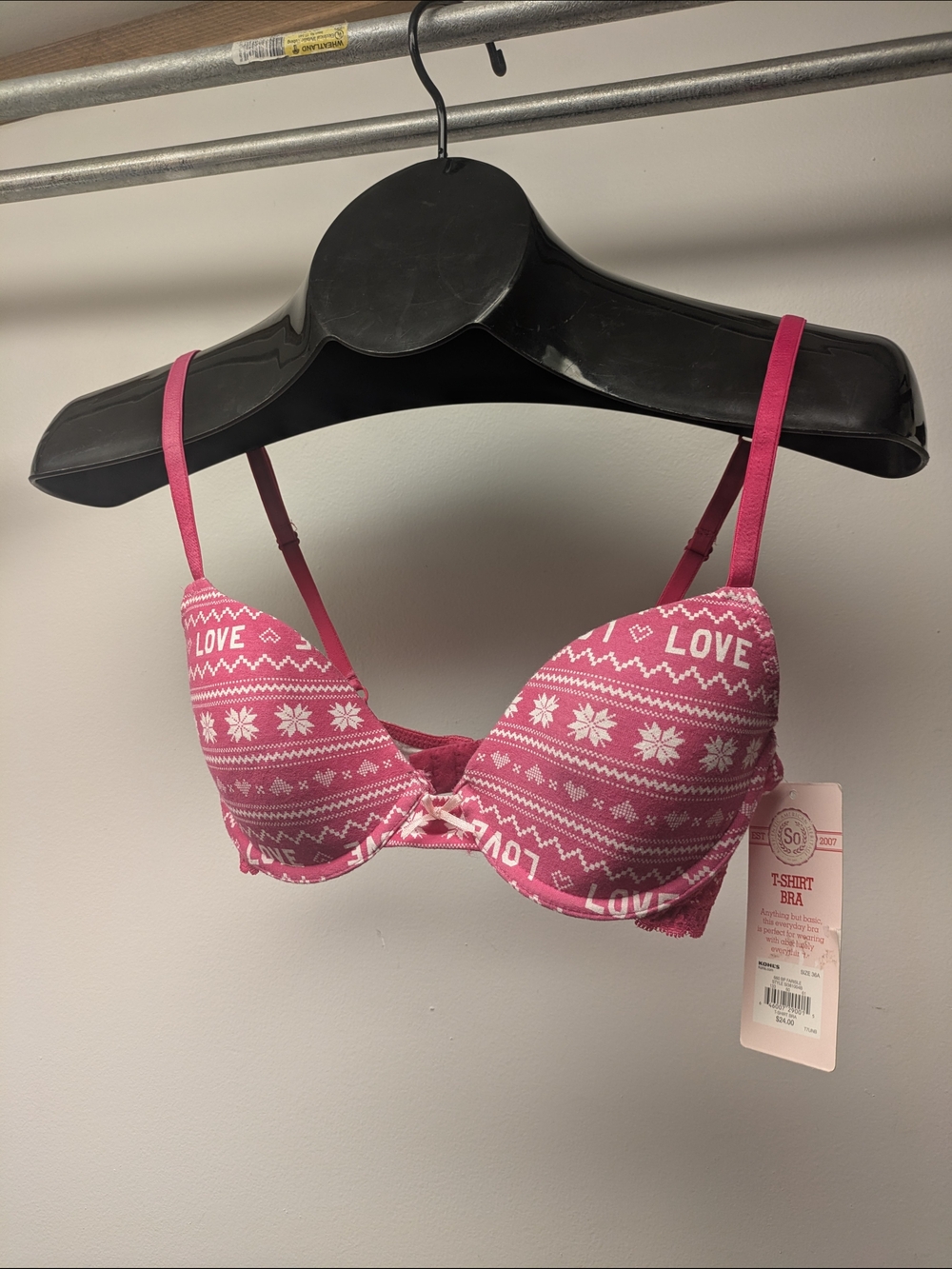 SO 36A J Hook T-Shirt Bra Pink Winter Love Print  Junior Intimates New